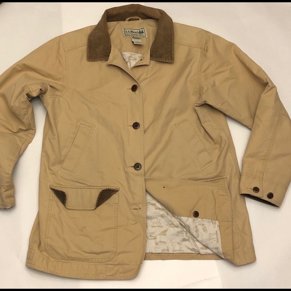 LL Bean Barn Coat Khaki Corduroy Trim Large